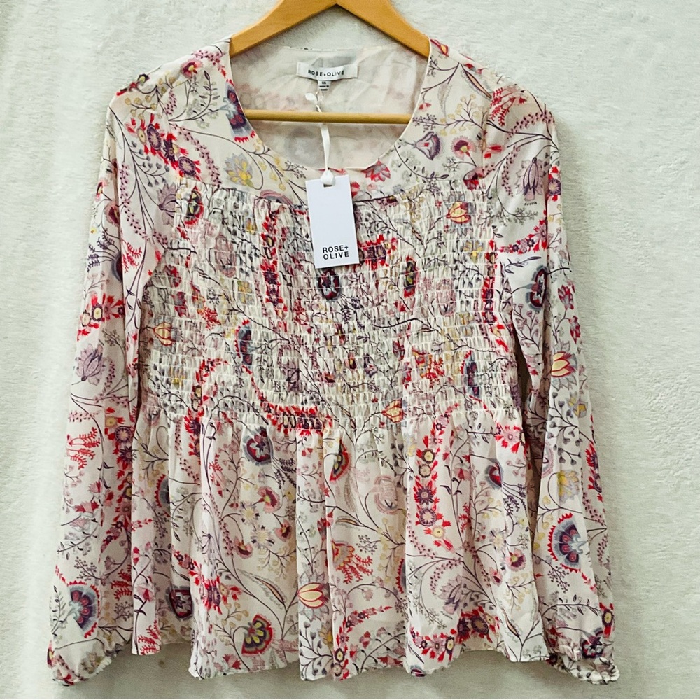 NWT ROSE+OLIVE Colorful Floral Ivory Smocked Boho Blouse Woman XS